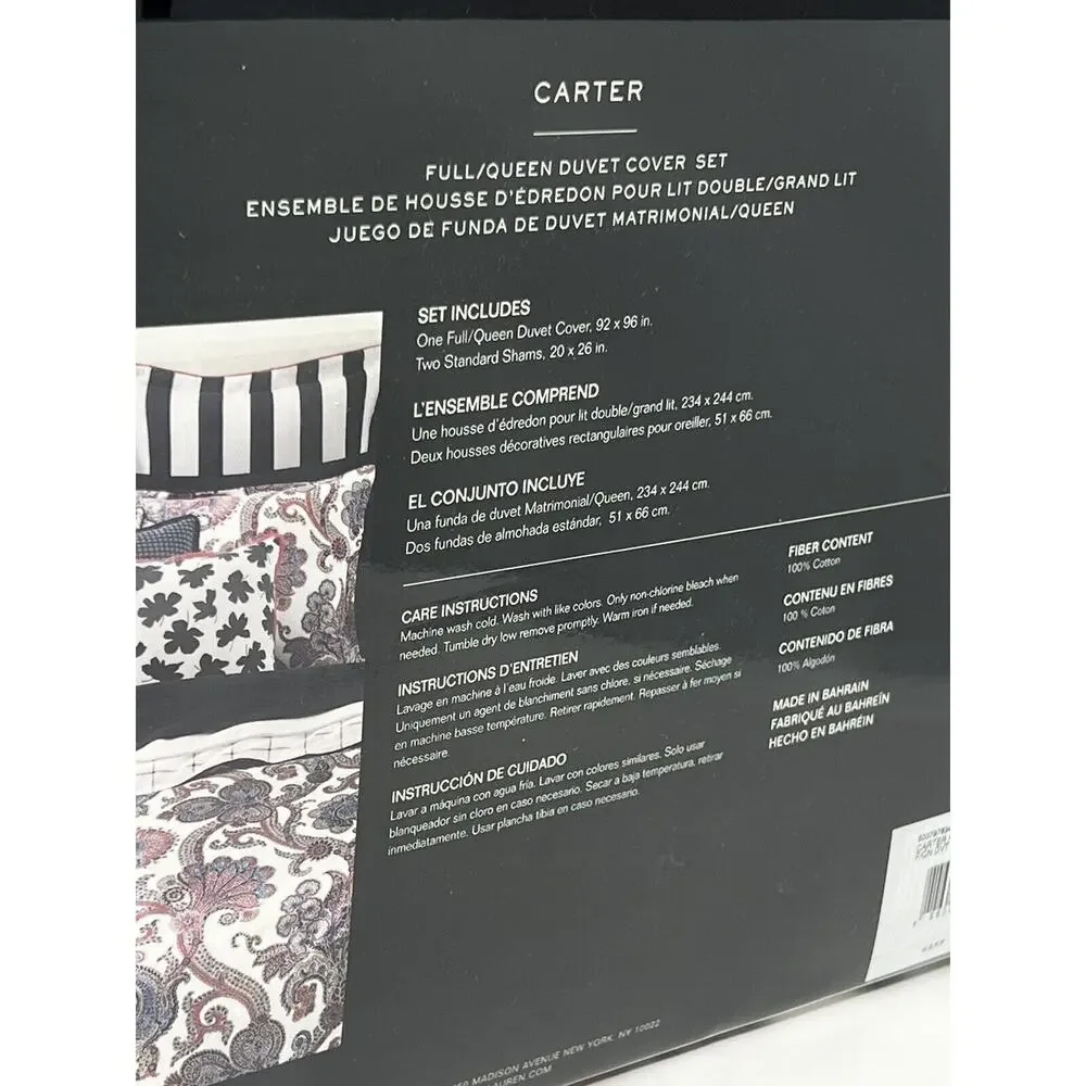 Ralph Lauren Carter Paisley Full Queen Duvet Cover Set Navy Sateen Reversible